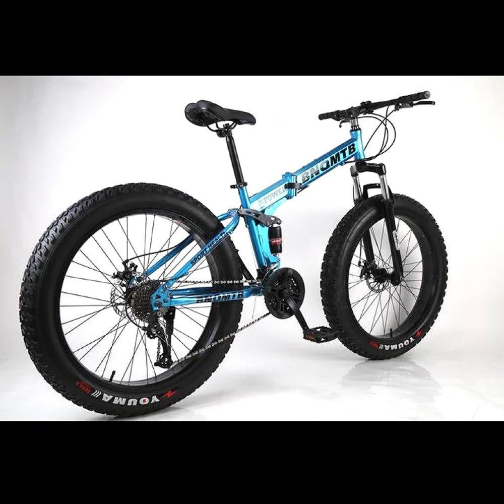 Blue Folding 26 Inch 21 Speed Double Shock Absorption Fat Tyre Mountain Bike - Skateboard Australia 