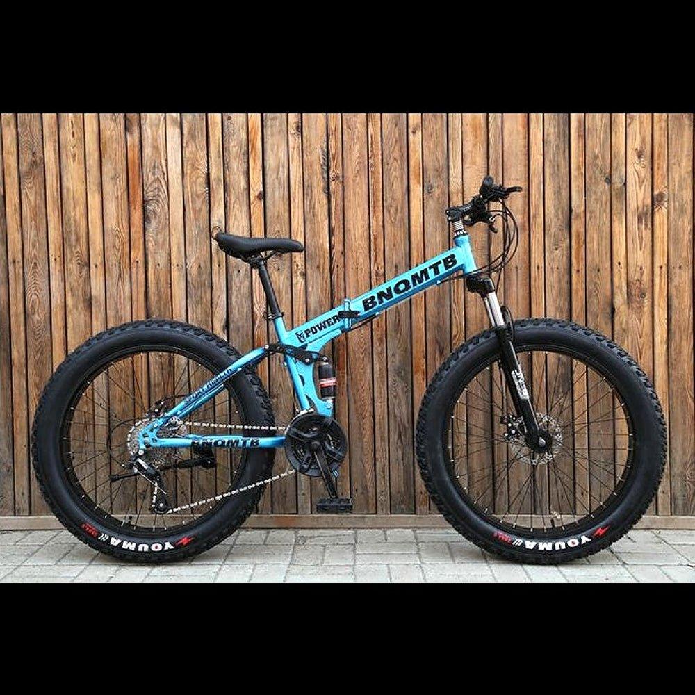 Blue Folding 26 Inch 21 Speed Double Shock Absorption Fat Tyre Mountain Bike - Skateboard Australia 