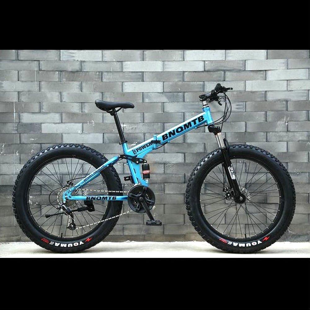 Blue Folding 26 Inch 21 Speed Double Shock Absorption Fat Tyre Mountain Bike - Skateboard Australia 